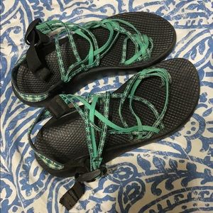 Black and Teal Chacos